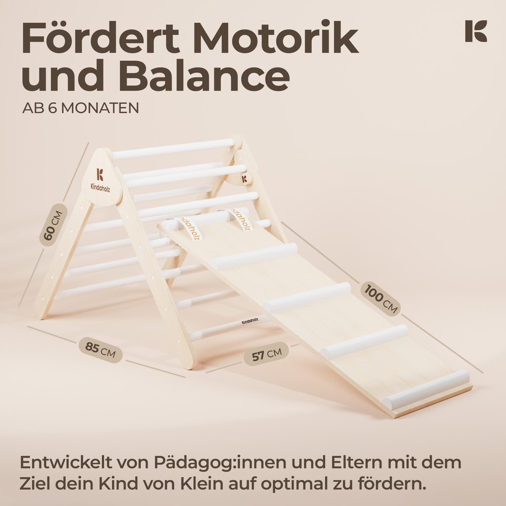 SAMI Kletterdreieck und MIKA Rutschrampe – entwickelt von Pädagogen und Eltern, fördert Motorik und Balance. Maße: H 60 cm, T 85 cm, B 57 cm, Rutsche 100 cm