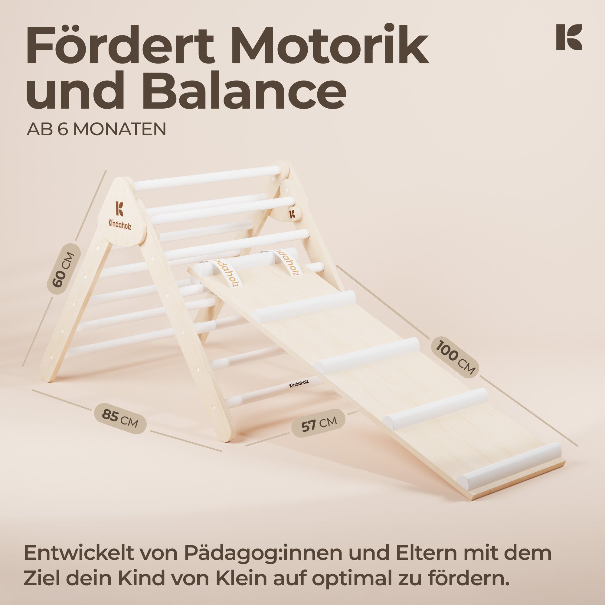 SAMI Kletterdreieck und MIKA Rutschrampe – entwickelt von Pädagogen und Eltern, fördert Motorik und Balance. Maße: H 60 cm, T 85 cm, B 57 cm, Rutsche 100 cm