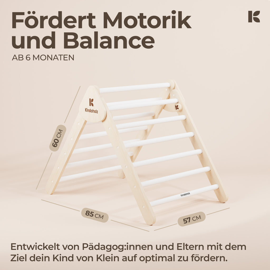 SAMI Kletterdreieck weiß von KinderGlück – Maßzeichnung des Pikler-Dreiecks aus FSC-Buchenholz, Maße: B 57 cm x T 85 cm x H 60 cm