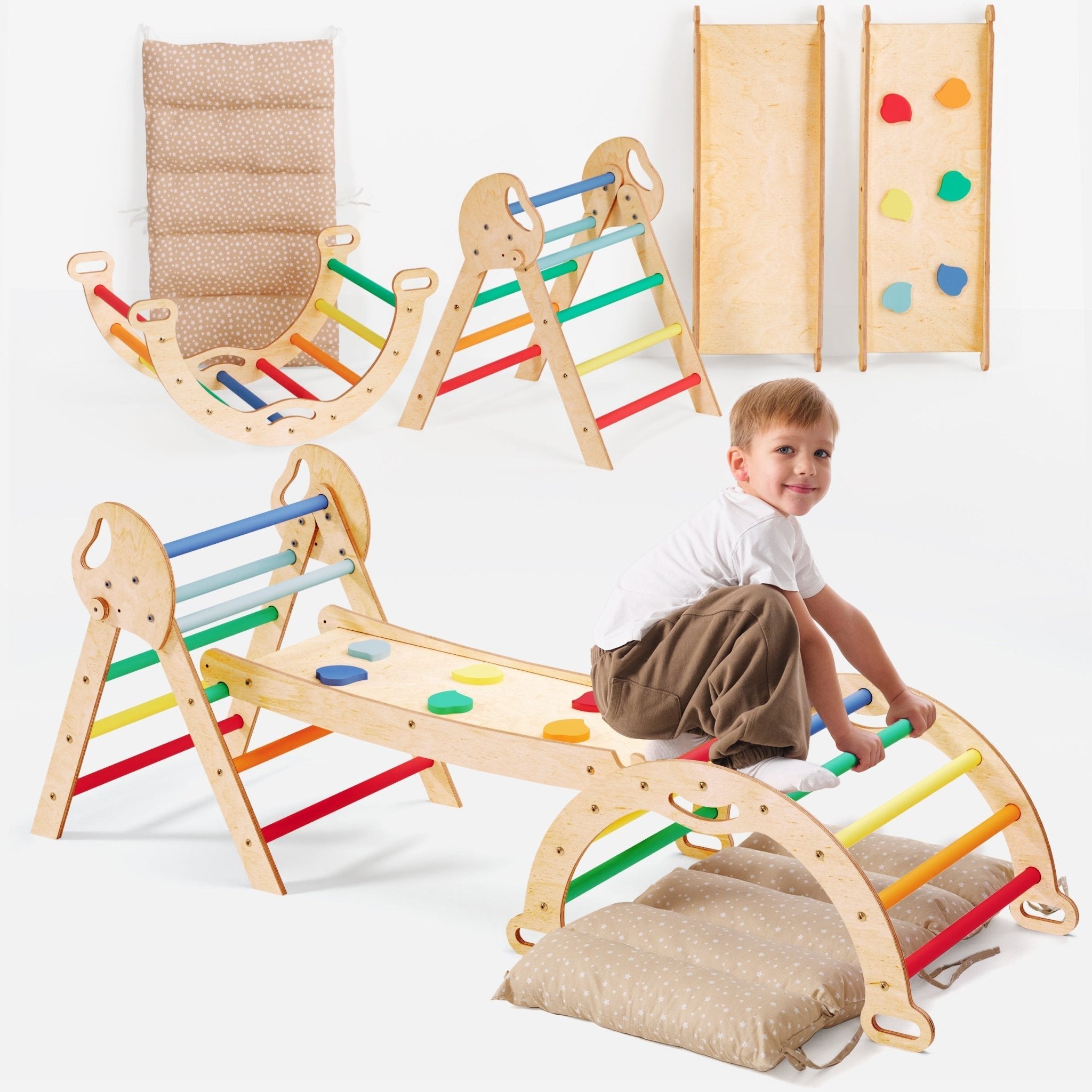 4in1 Montessori-Kletterset: Pikler-Dreieck, Kletterbogen, Rutschbrett und Kissen für Kleinkinder (1–3 Jahre) – Regenbogen-0