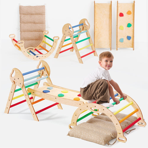 4in1 Montessori-Kletterset: Pikler-Dreieck, Kletterbogen, Rutschbrett und Kissen für Kleinkinder (1–3 Jahre) – Regenbogen-0
