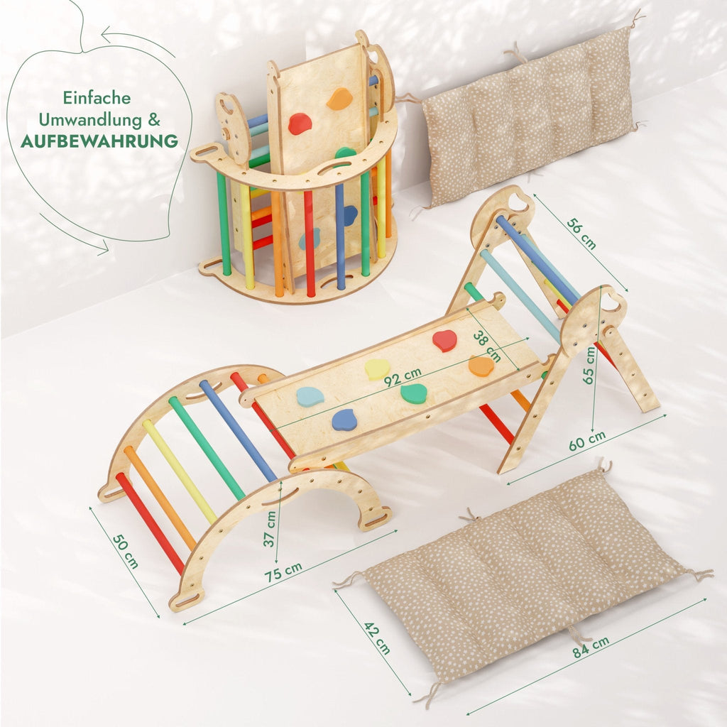 4in1 Montessori-Kletterset: Pikler-Dreieck, Kletterbogen, Rutschbrett und Kissen für Kleinkinder (1–3 Jahre) – Regenbogen-1