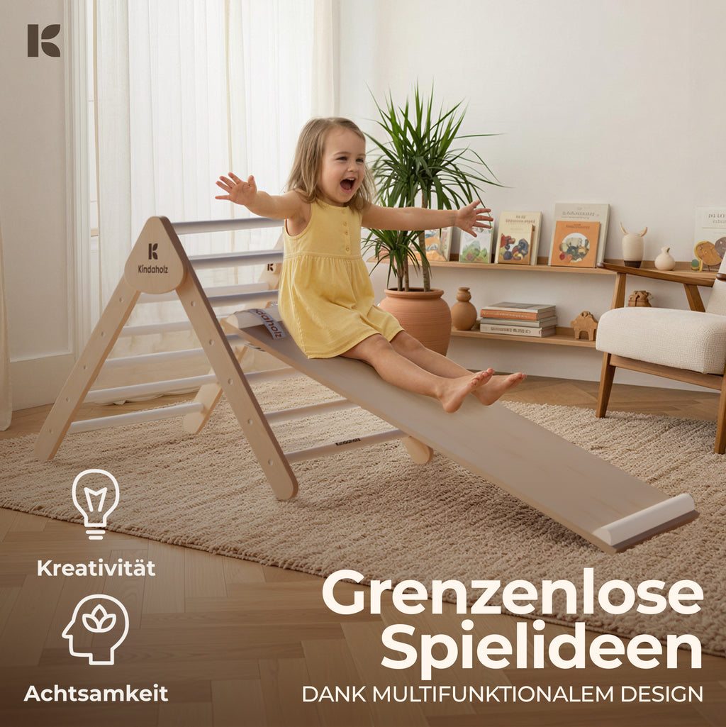 MIKA Rutschrampe weiß von KinderGlück – Mädchen im gelben Kleid rutscht lachend die Kindaholz Rutschrampe aus FSC-Buchenholz hinunter.Fördert die Kreativität und Achtsamkeit.