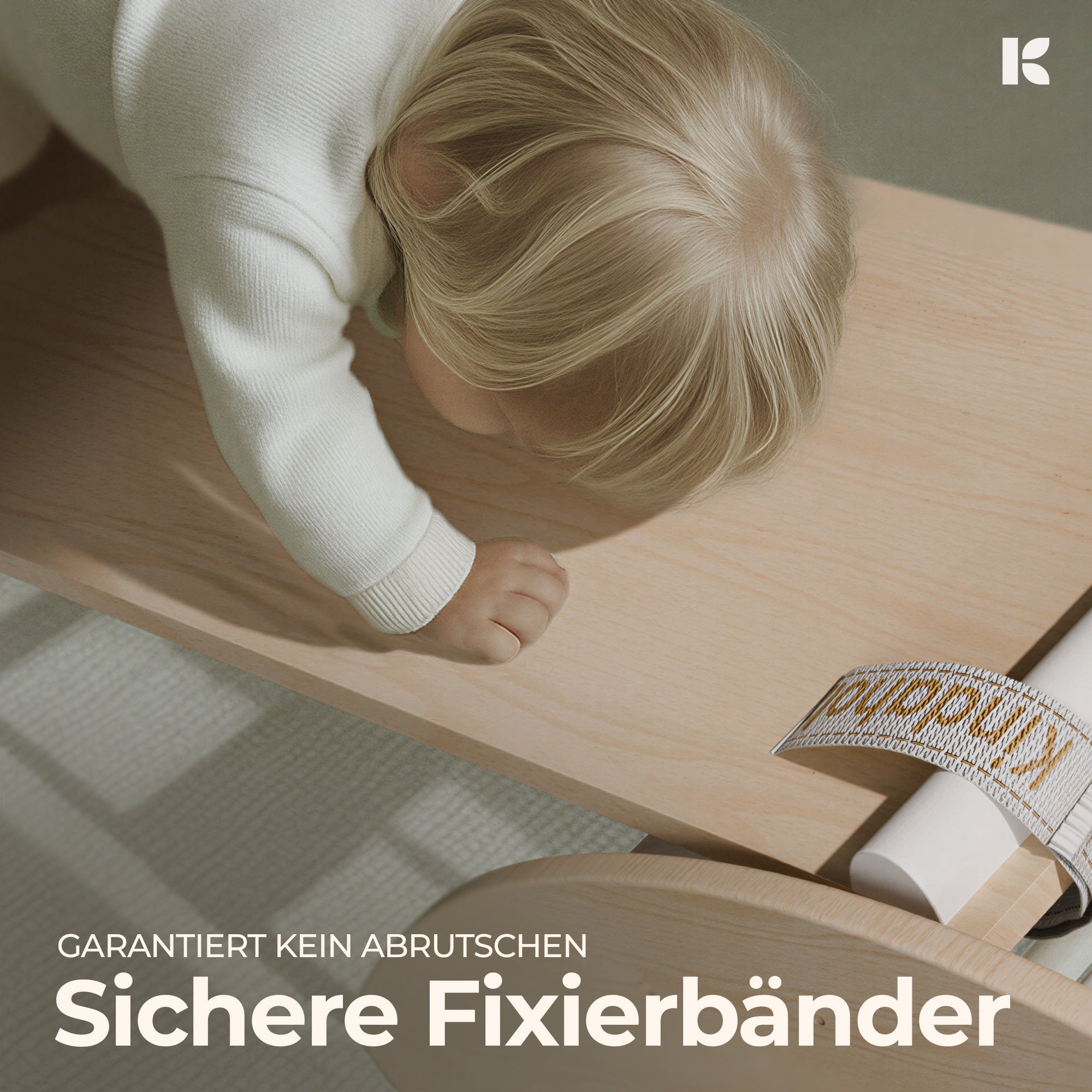 MIKA Rutschrampe weiß von KinderGlück – Infografik zeigt die sicheren Kindaholz Fixierbänder der FSC-Buchenholz Rutschrampe, garantiert kein Abrutschen beim Spielen
