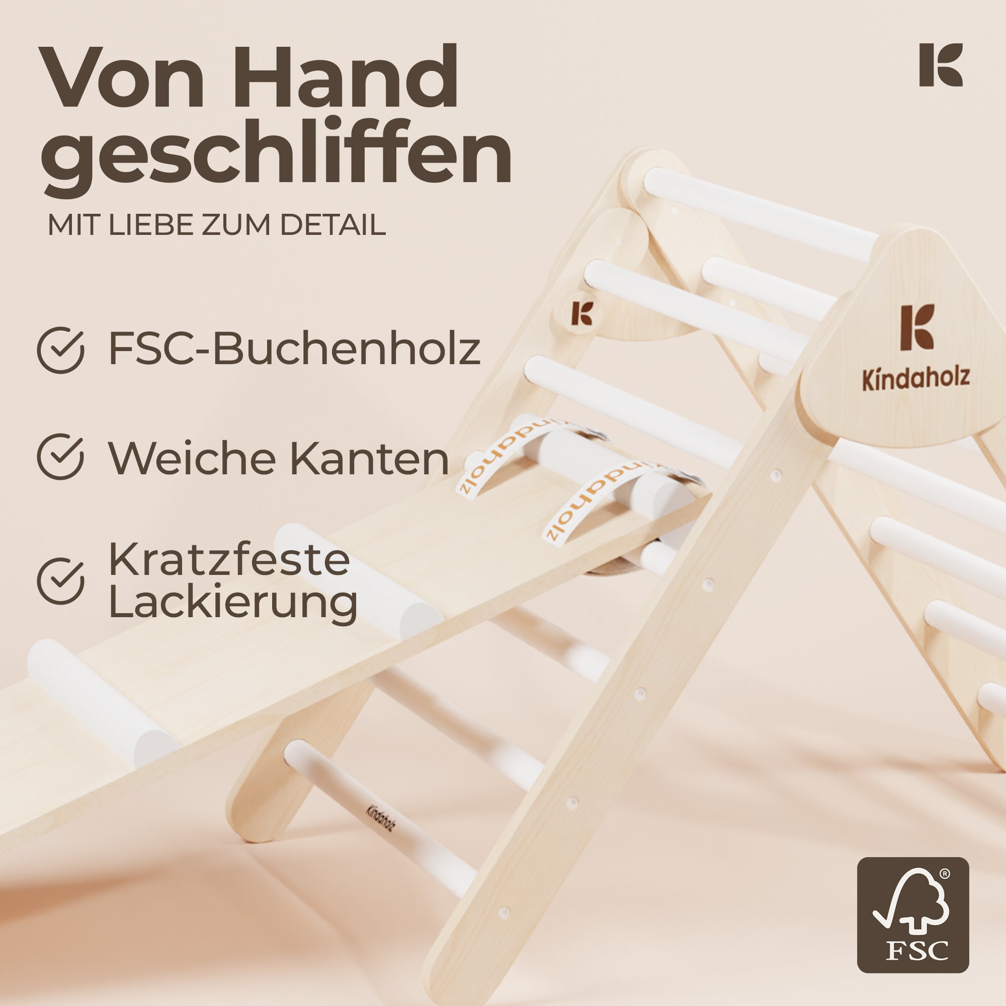 Handgeschliffen mit Liebe zum Detail.FSC Buchenholz,weiche Kanten,kratzfeste Lackierung und 5 Jahre Herstellergarantie