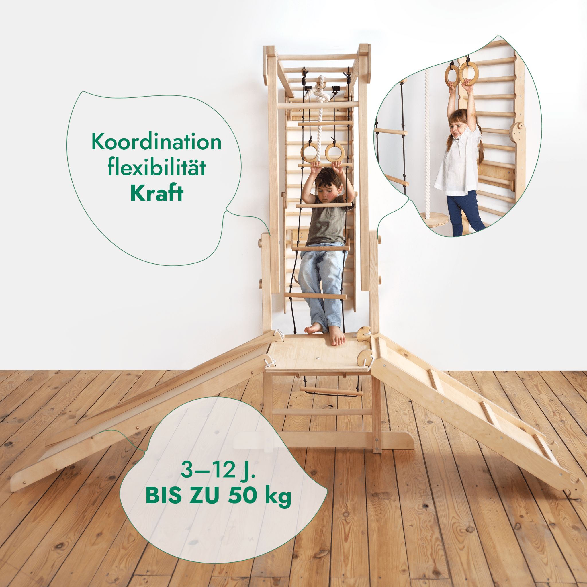 7-in-1 Dschungel-Spielset für Kinder: Sprossenwand + Kletterstange + Schaukelset + Rutsche + Kletterrampe-4