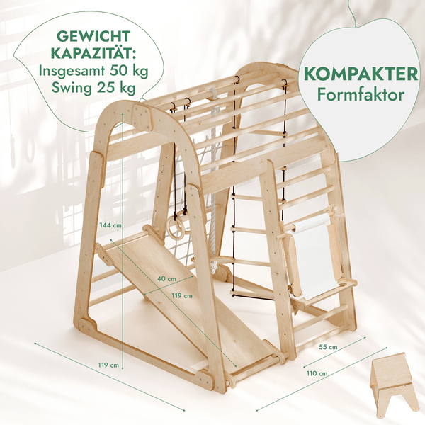 8in1 Indoor Spielplatz: Klettergerüst mit Kletternetz, Rutsche, Gymnastikringe, Hängende Leiter, Disc-Schaukel, Maltafel und Kinderstuhl – Beige-1