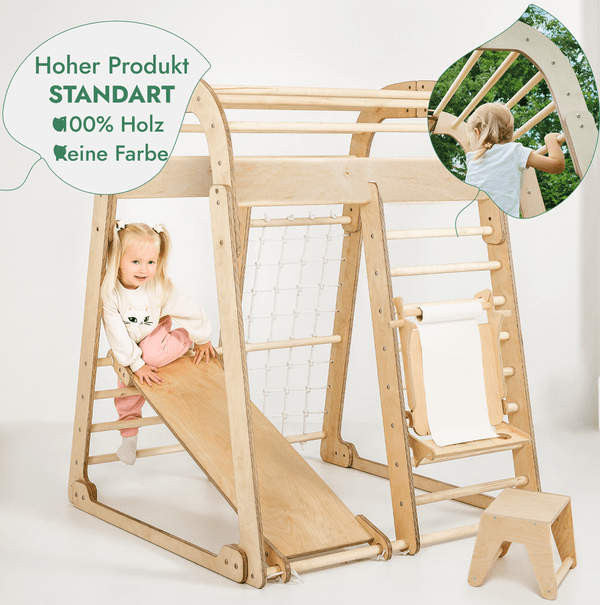 8in1 Indoor Spielplatz: Klettergerüst mit Kletternetz, Rutsche, Gymnastikringe, Hängende Leiter, Disc-Schaukel, Maltafel und Kinderstuhl – Beige-4