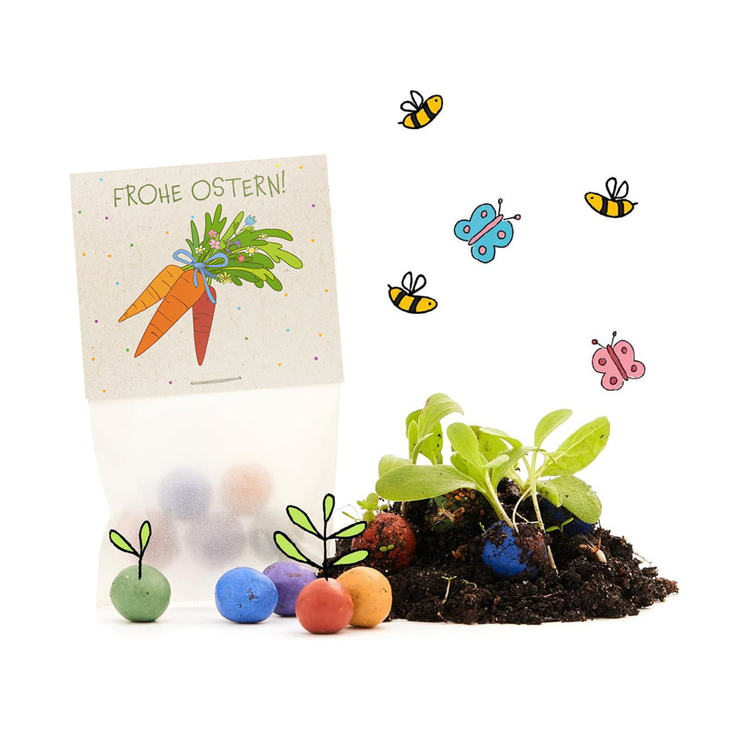 10x5 Blumenmurmeln im Tütchen "Möhren" - Frohe Ostern
