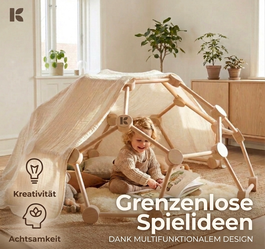 MAXI Kletterdom Natur– Kind sitzt in selbstgebauter Höhle, grenzenlose Spielideen dank multifunktionalem Design, fördert Kreativität und Achtsamkeit | KinderGlück
