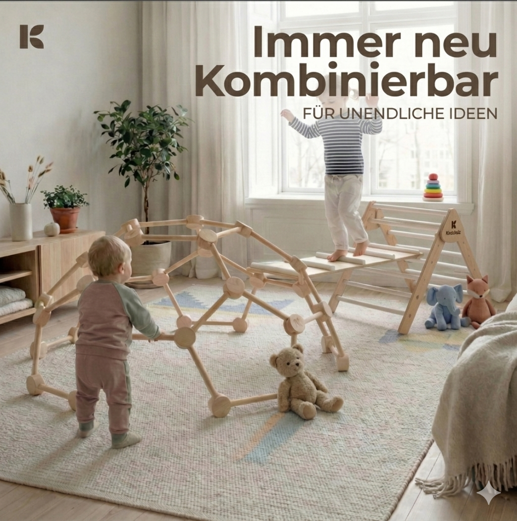 MAXI Kletterdom Natur – Zwei Kinder spielen mit Kletterdom, Rutsche und Pikler-Dreieck | KinderGlück
