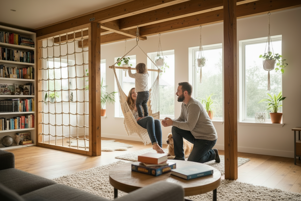 Familie im Wohnzimmer mit verbesserter Armhaltung
